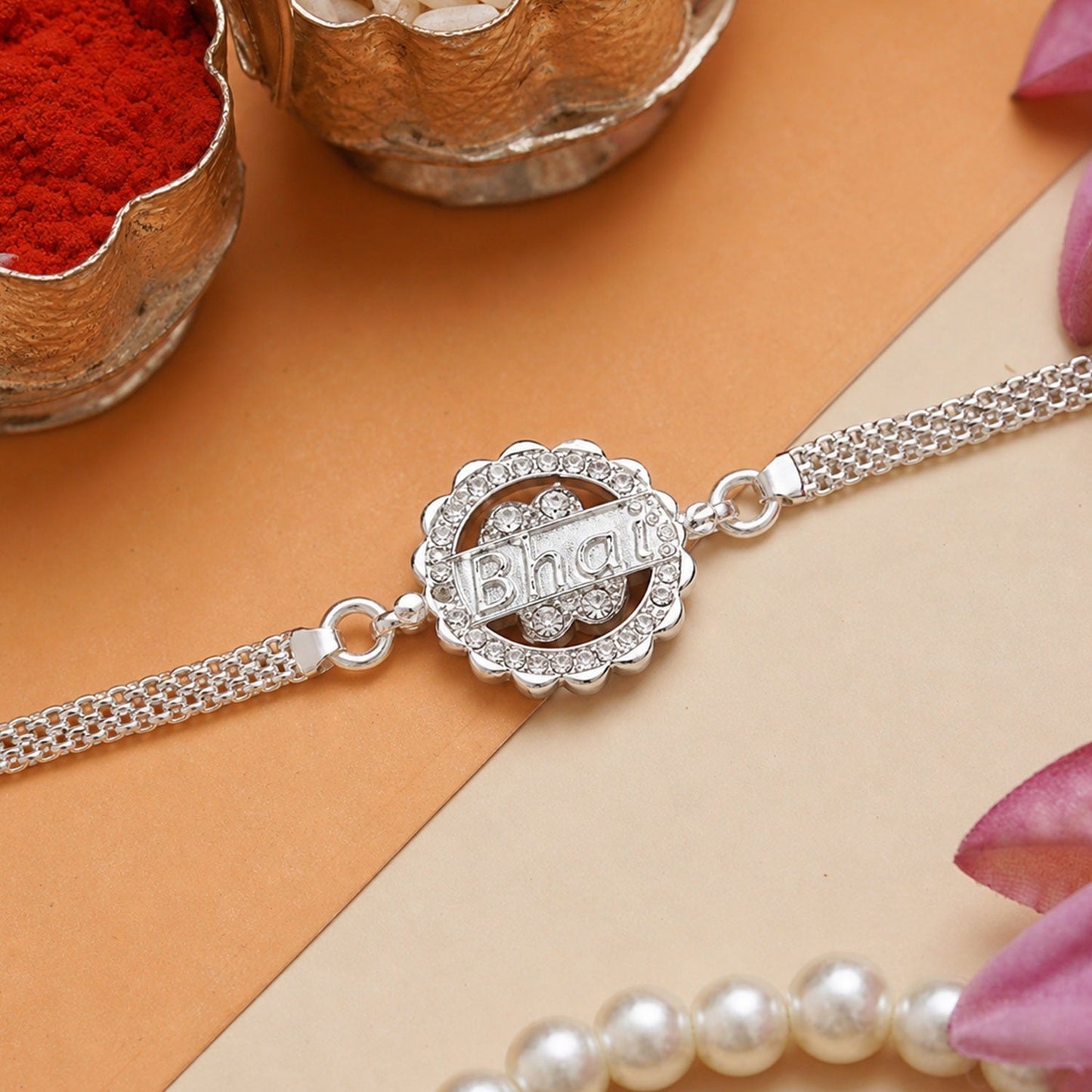 Elegant Silver Bhai Chain Rakhi with a modern round charm, perfect for Raksha Bandhan.