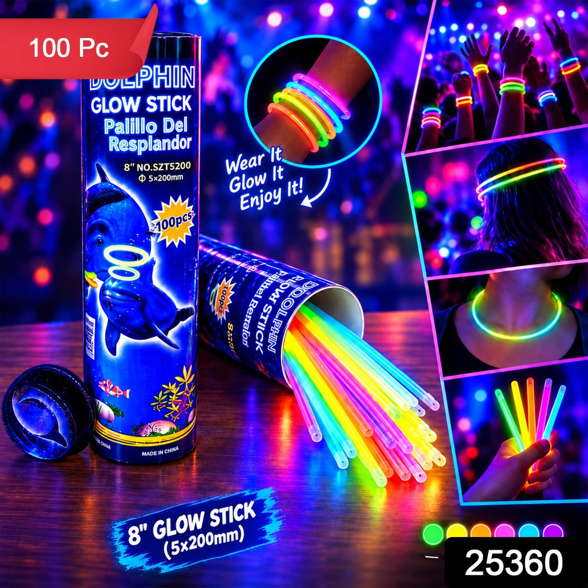 100-piece multicolour glow stick bracelet set with tube packaging and party use collage