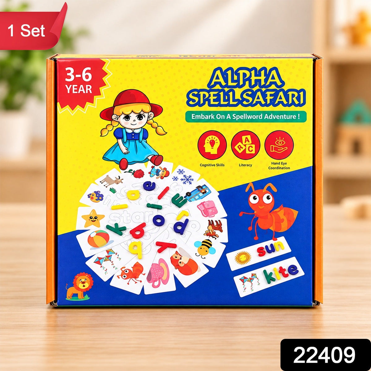 A yellow and blue box for Alpha Spell Safari, with a red tag indicating it is a â€œ1 Setâ€ product.