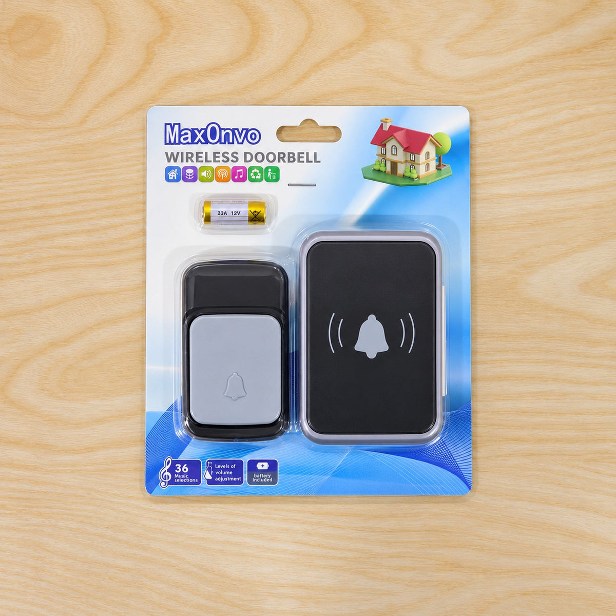 The wireless doorbell set, including a receiver, push button, and battery, is sealed in clear retail packaging on a light