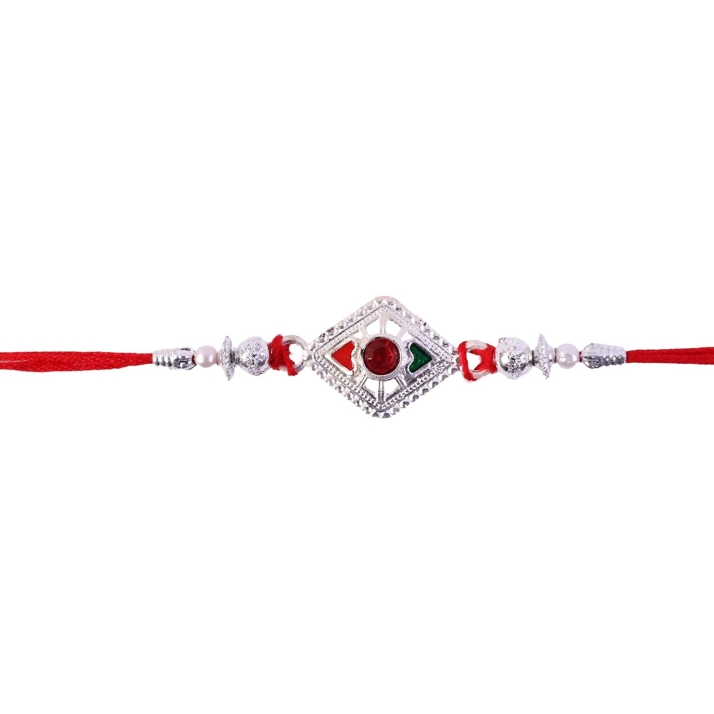 Elegant festive rakhi close-up showing red centerpiece