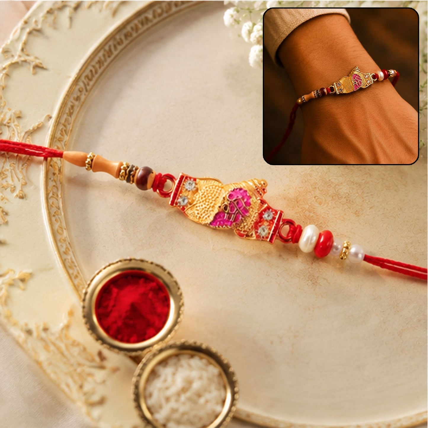 Colorful designer Rakhi with beads and pearl accents for Raksha Bandhan