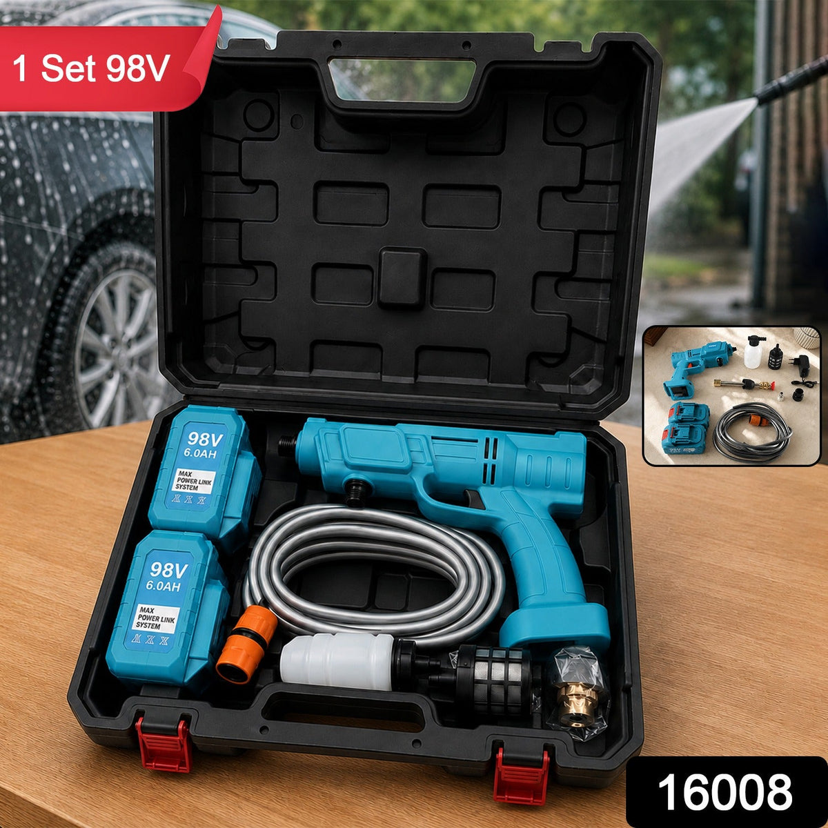 Open black carrying case with a teal pressure washer and accessories, with a car being washed in the background.