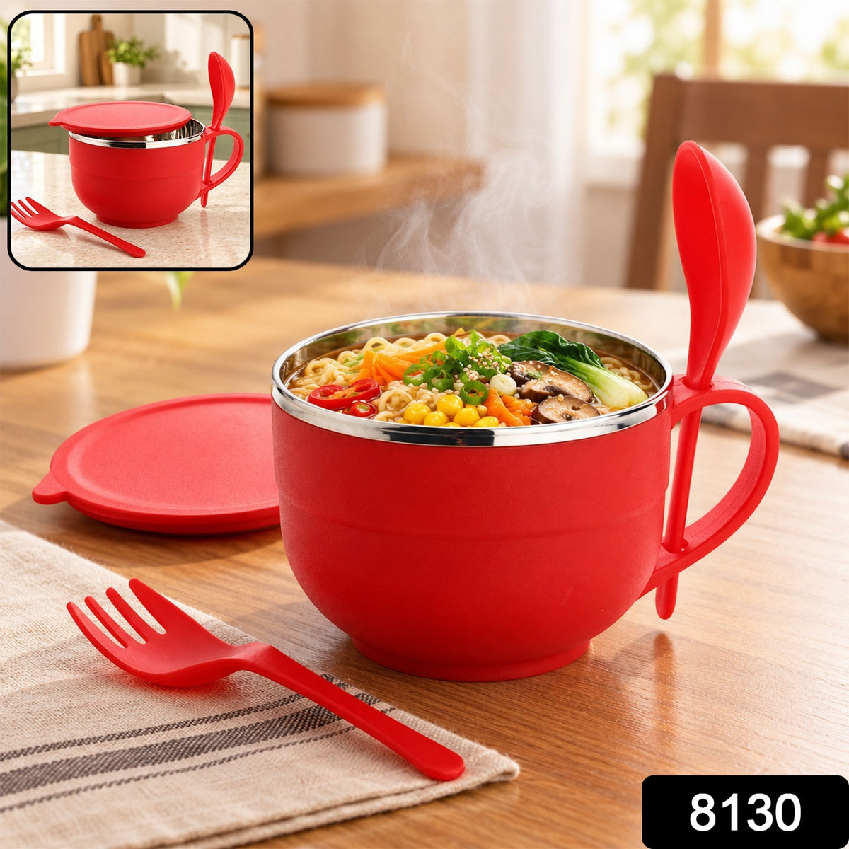 Noodles & Soup Bowl with Spoon and fork Handle Spoon Holder, Stainless Steel Bowl and Spoon Set, Stainless Steel Storage