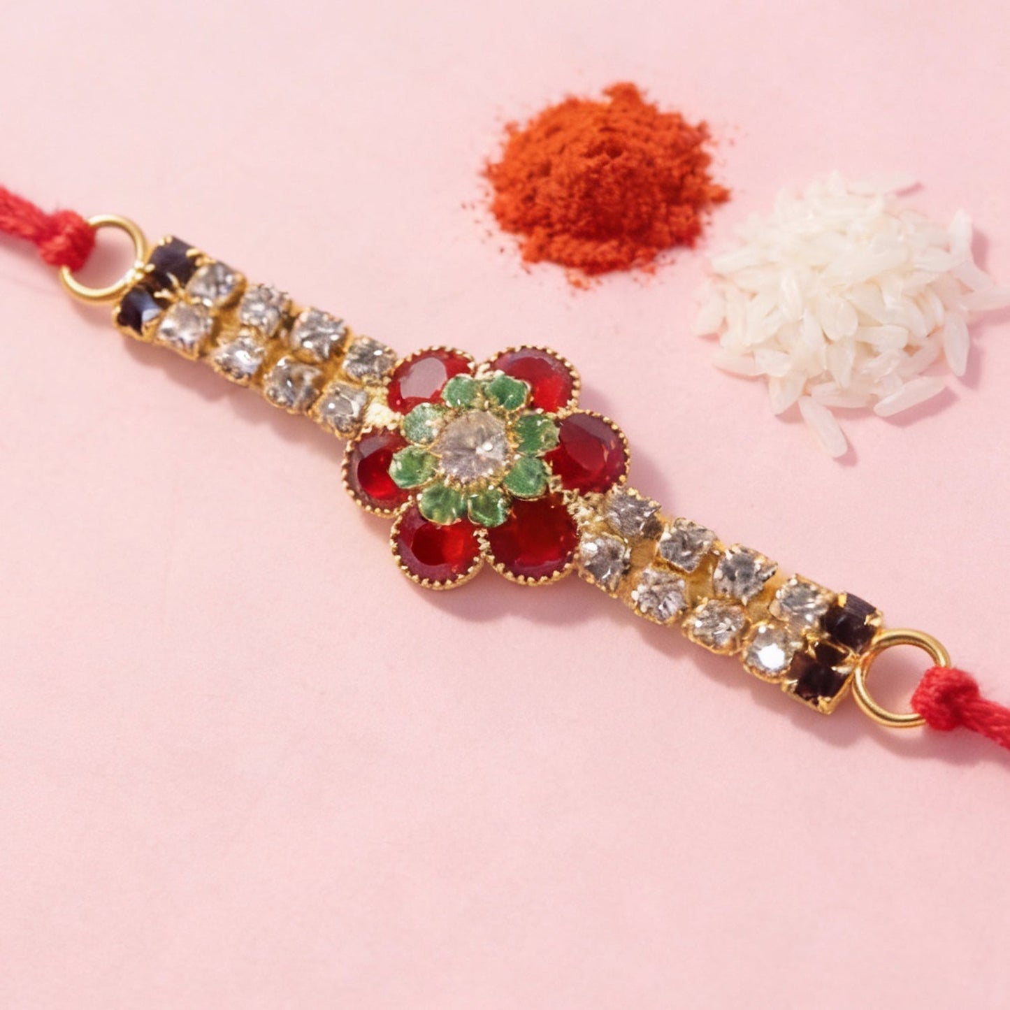 Side view of elegant kundan rakhi bracelet with pearl ends