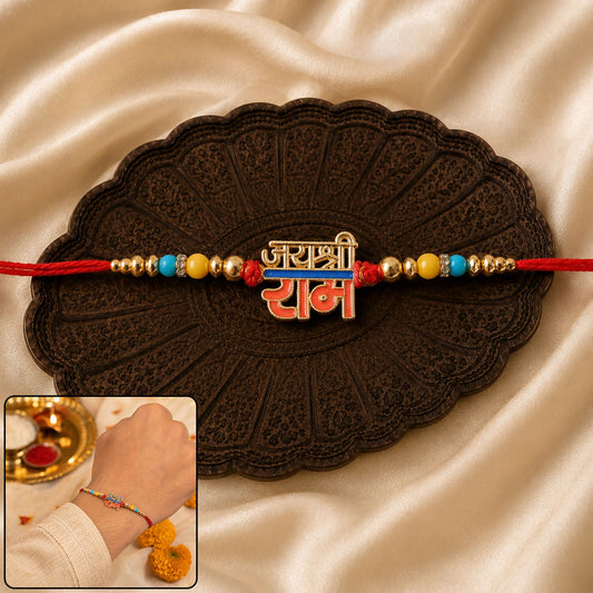 Colorful beads Rakhi with Lord Ram design, perfect for Raksha Bandhan celebrations