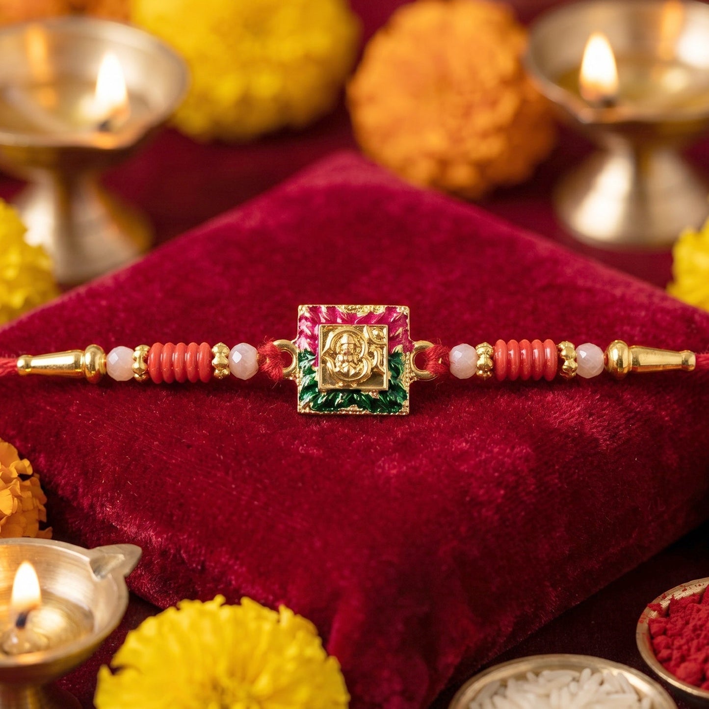 Close-up of designer rakhi showing Lord Ganesha centerpiece and soft thread