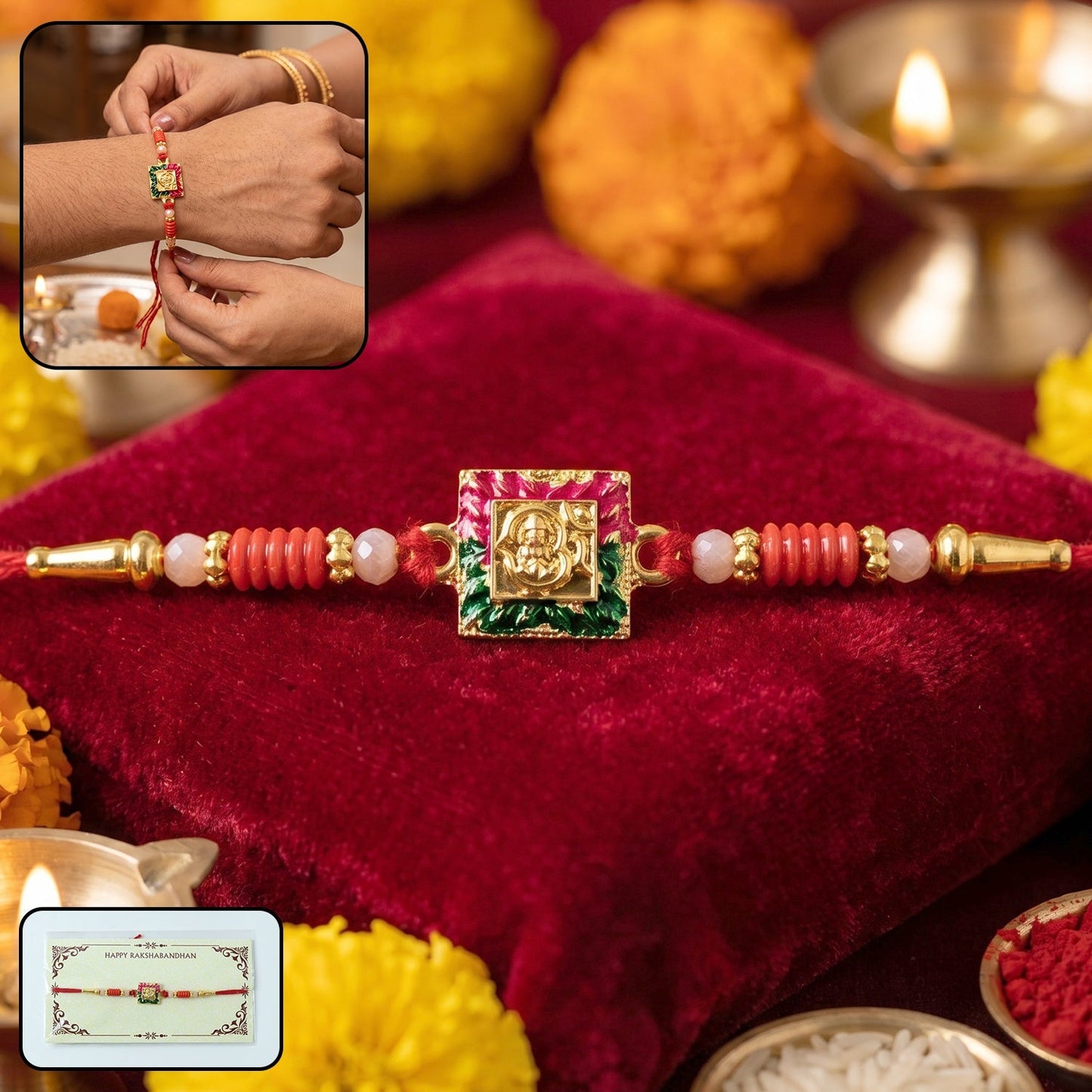 Lord Ganesha square antique designer rakhi with decorative beads