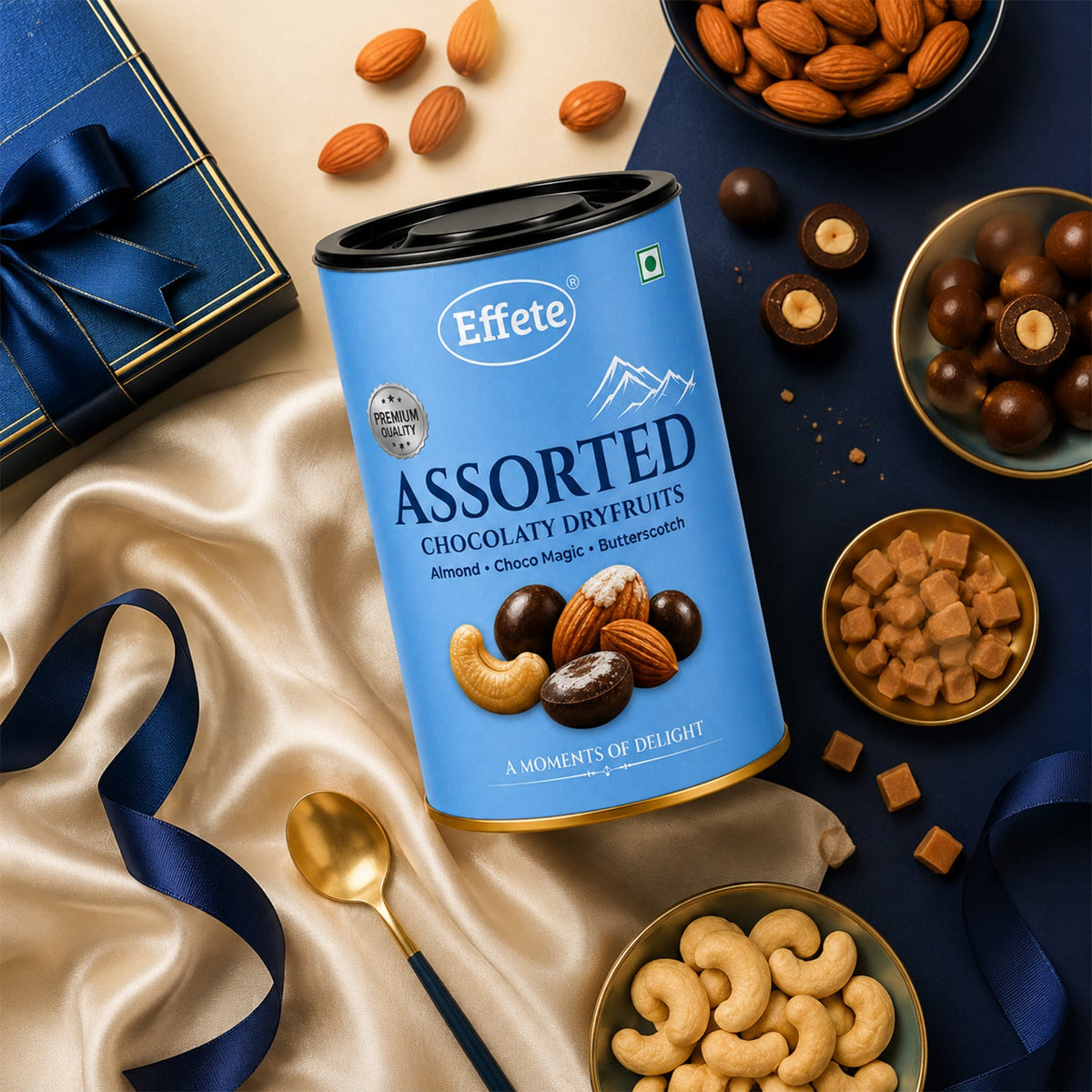Effete assorted chocolaty dryfruits tin open revealing individual chocolate coated pieces.