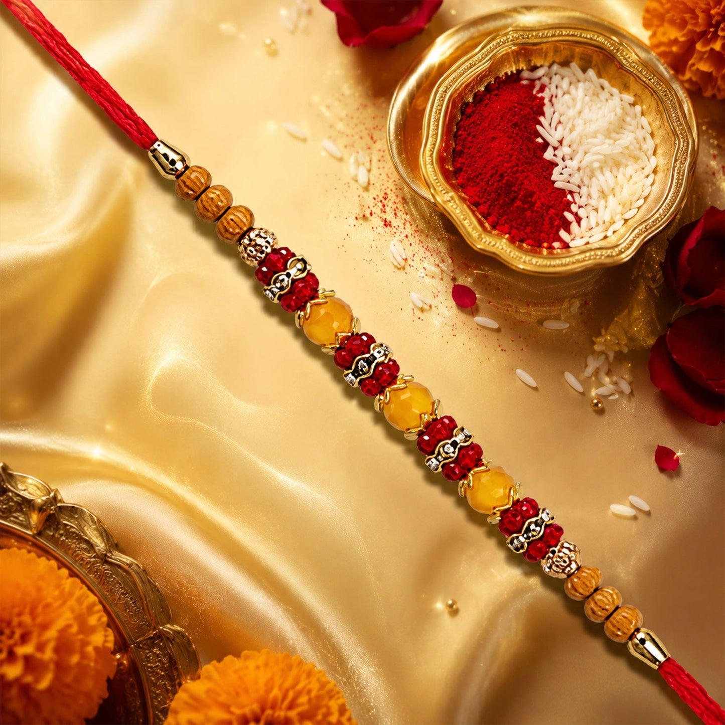 Festive multicolor beaded rakhi with red thread and sparkling stone detailing.