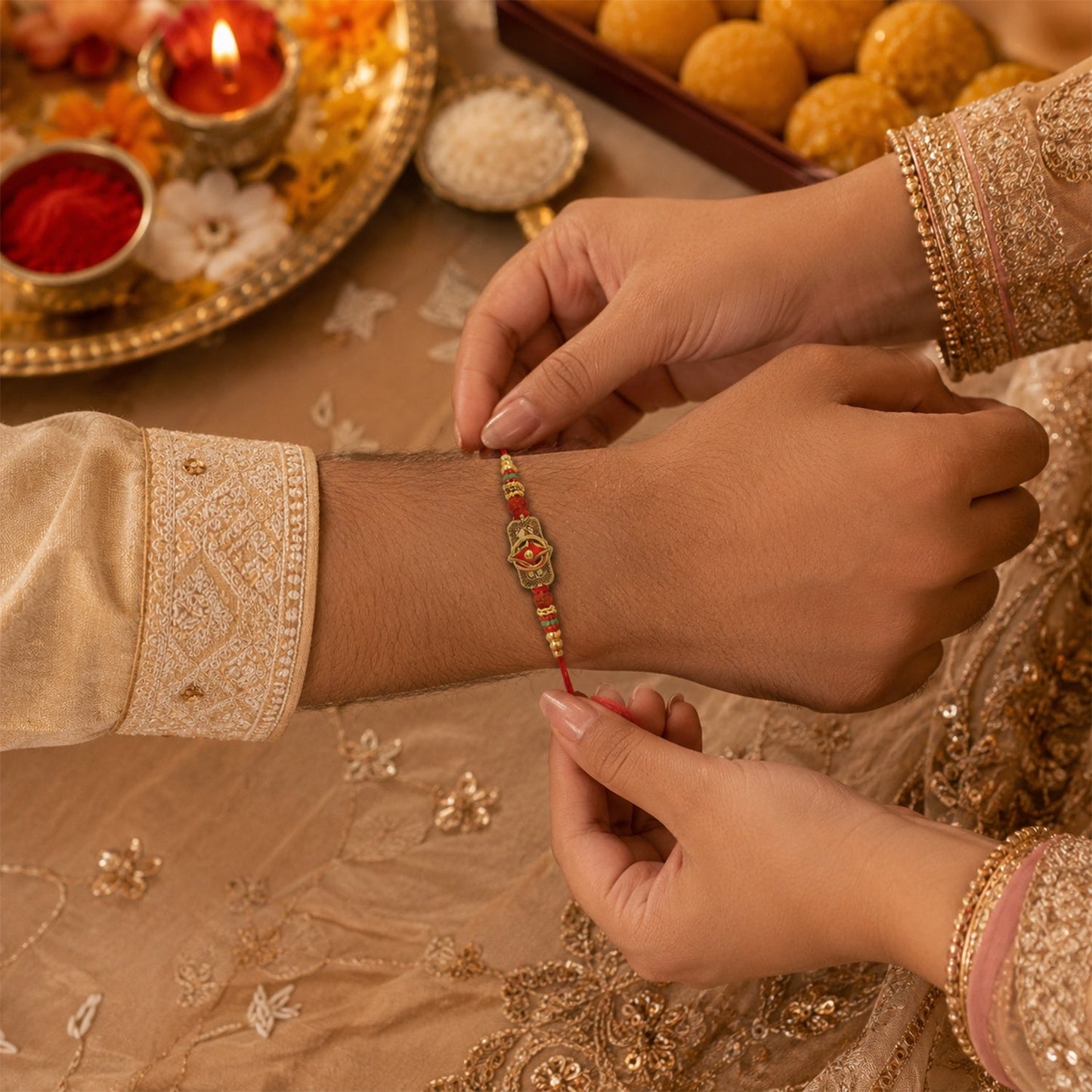 Stylish designer Rudraksha Rakhi with soft red thread, ideal for Raksha Bandhan.