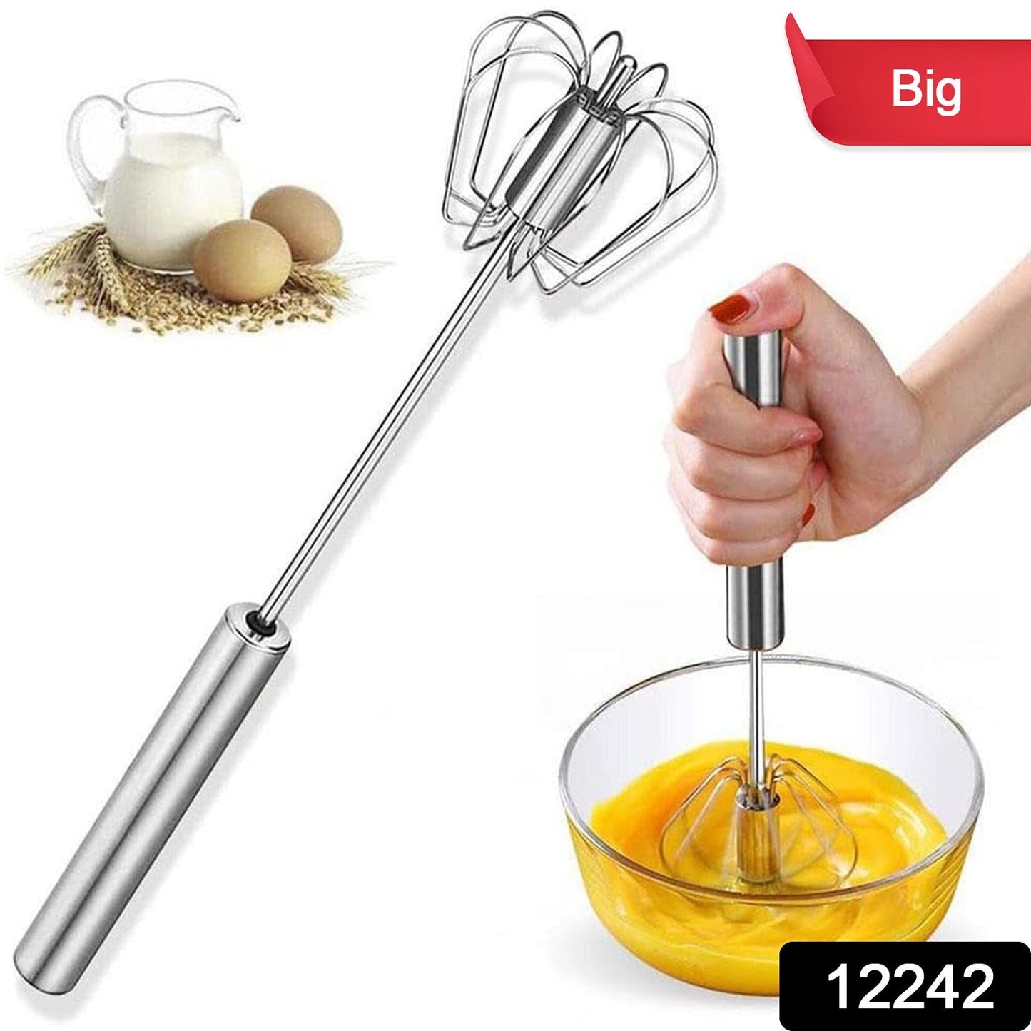 Close-up of the robust wire head of the stainless steel egg whisk.