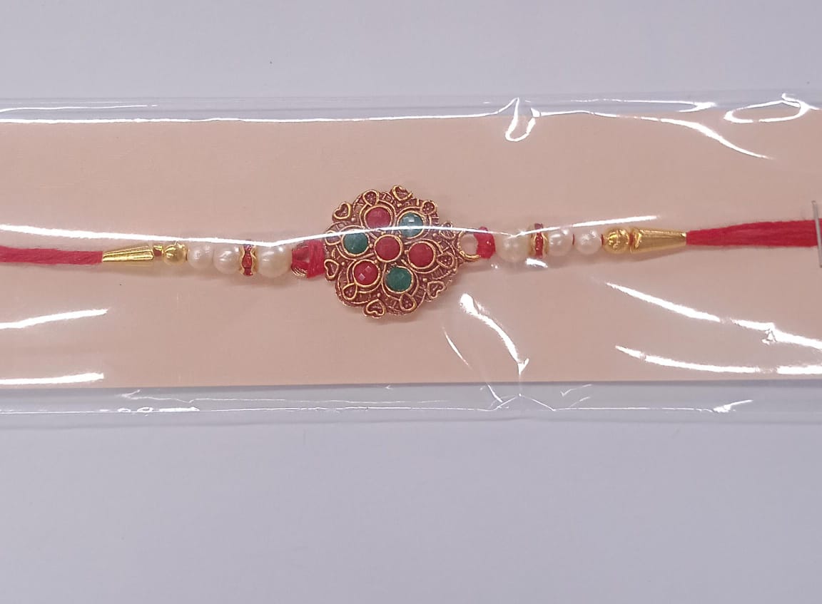 Designer Rakhi with floral meenakari artwork and detailed bead embellishments
