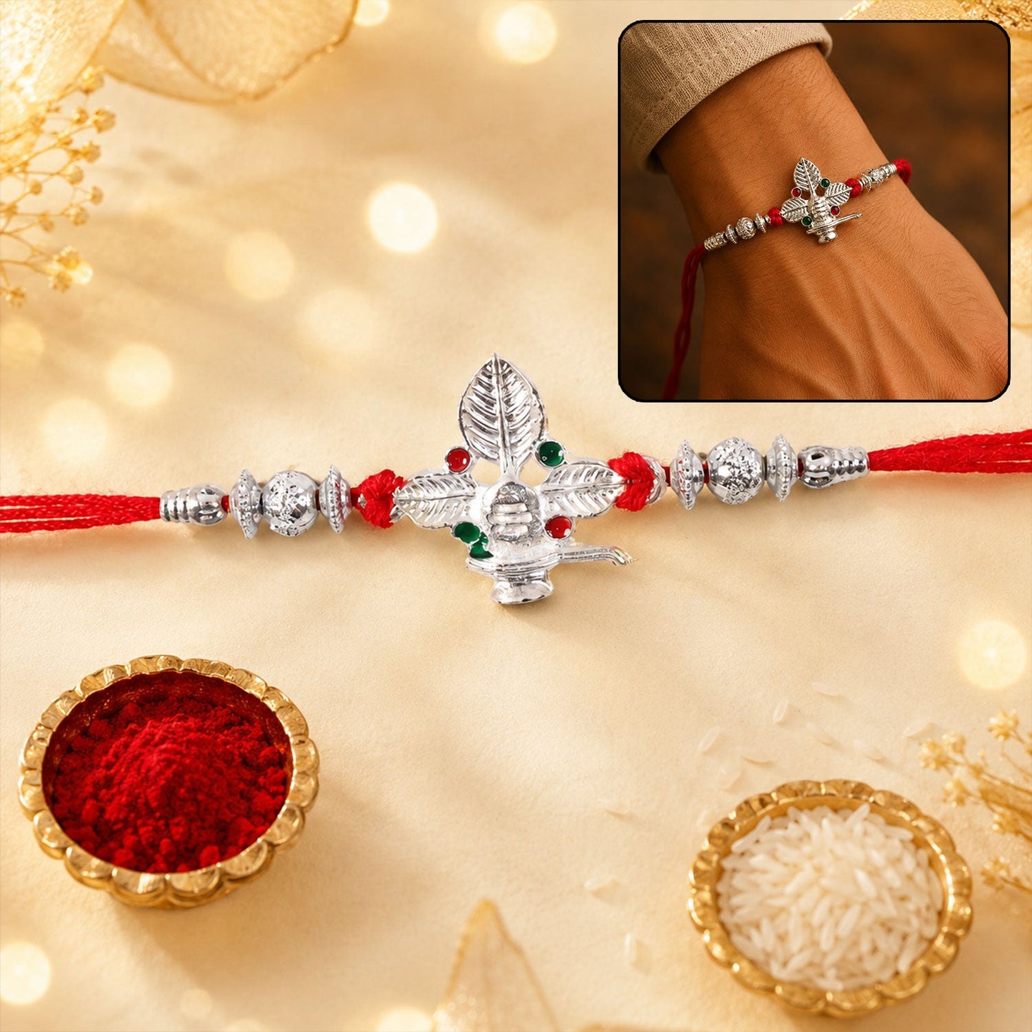 Silver leaf Rakhi with green stones and red thread close-up