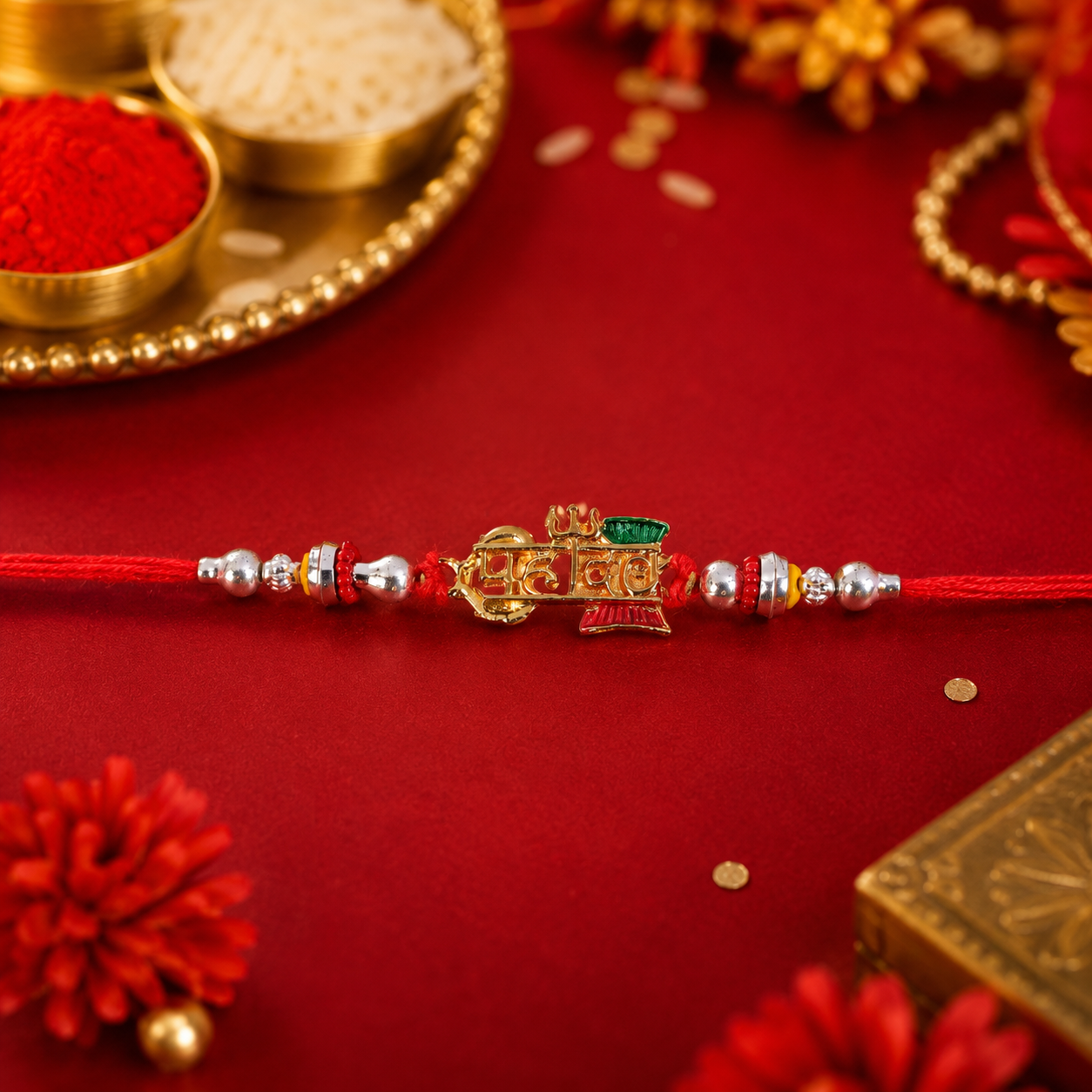 Detailed view of thread and centerpiece on Mahadev Damru Rakhi