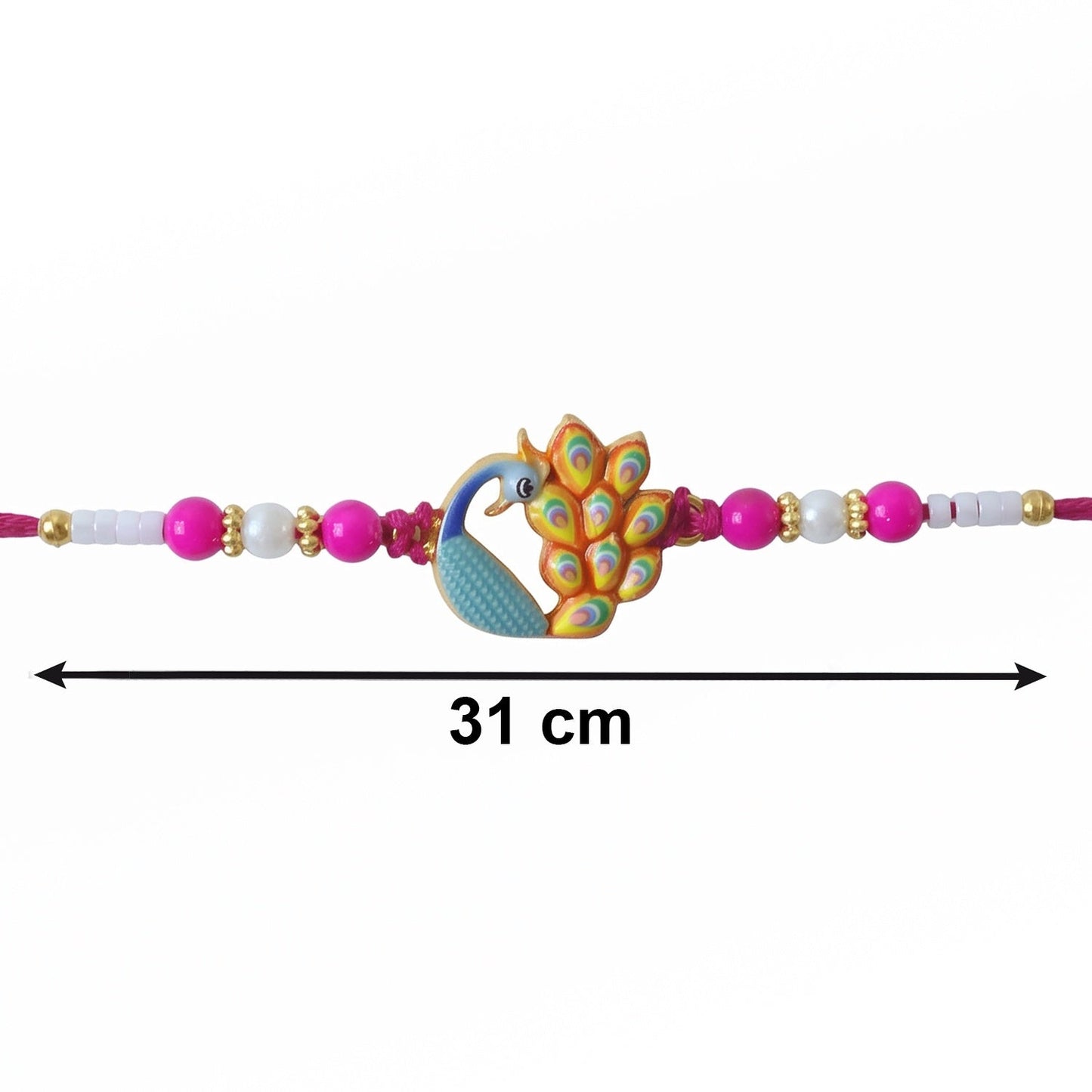 Full view of designer Peacock Rakhi with beads and thread