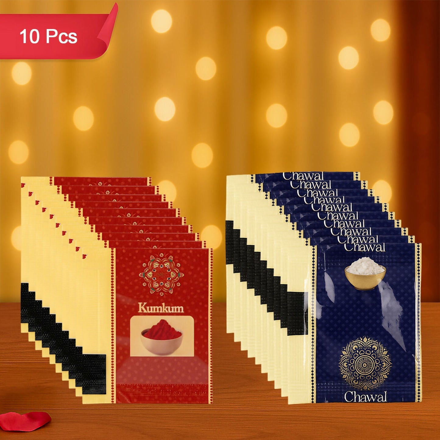 Festive 10-pack kumkum and chawal sachets with hygienic packaging and elegant designs