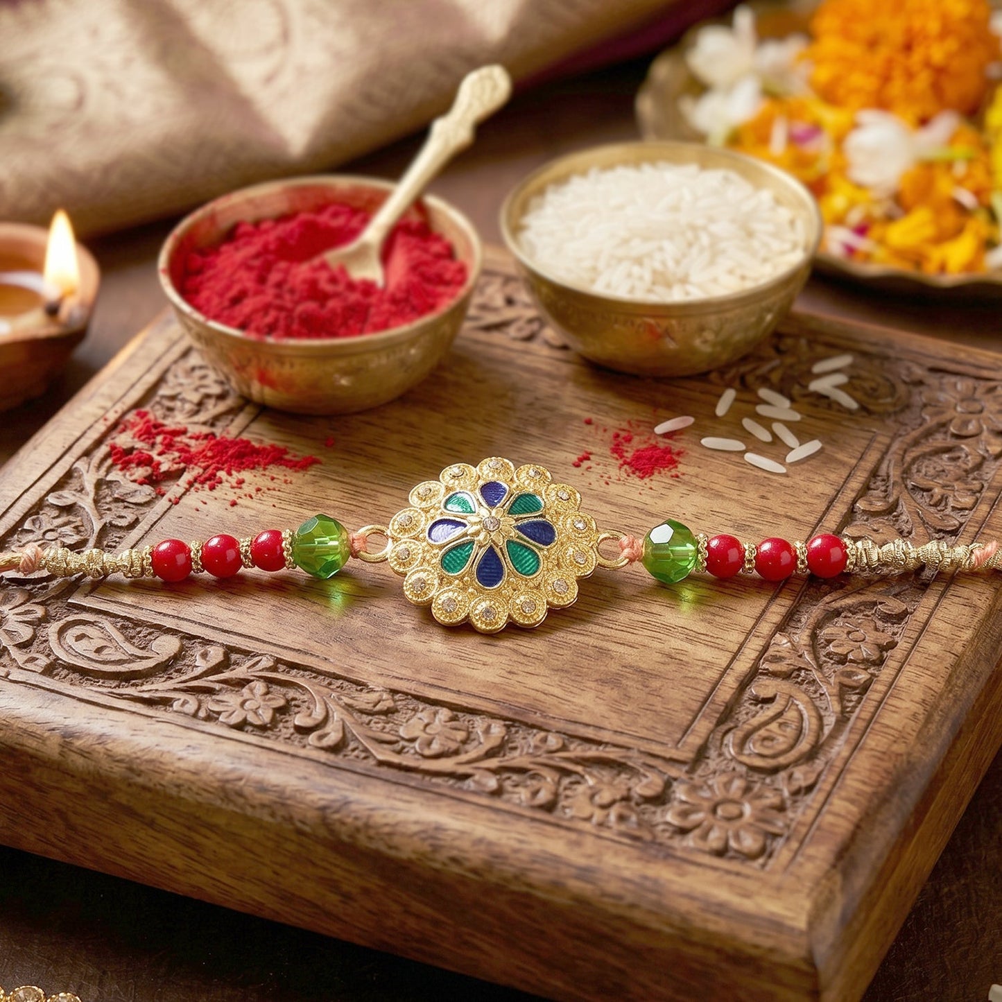 Close-up of blue floral Rakhi centerpiece with red pearls and green beads