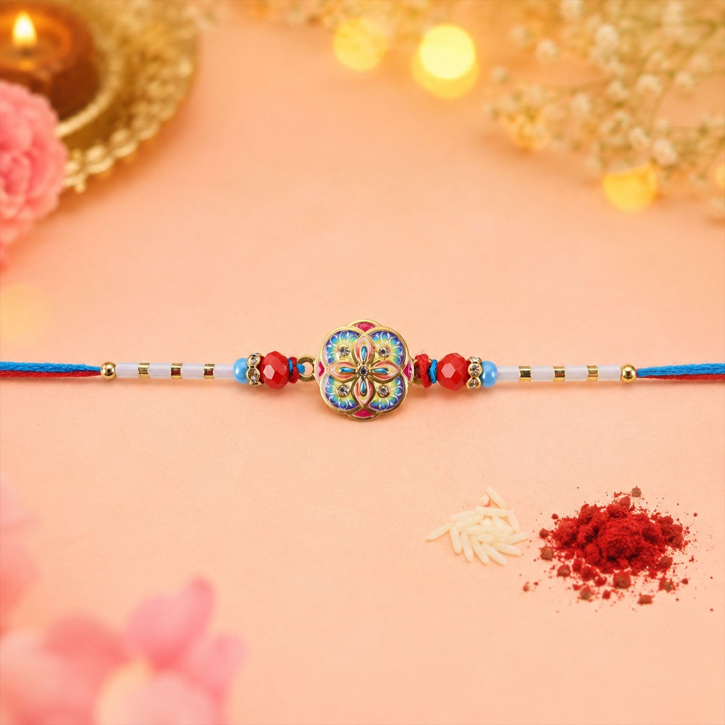 Blue thread edges detail on colorful kundan rakhi