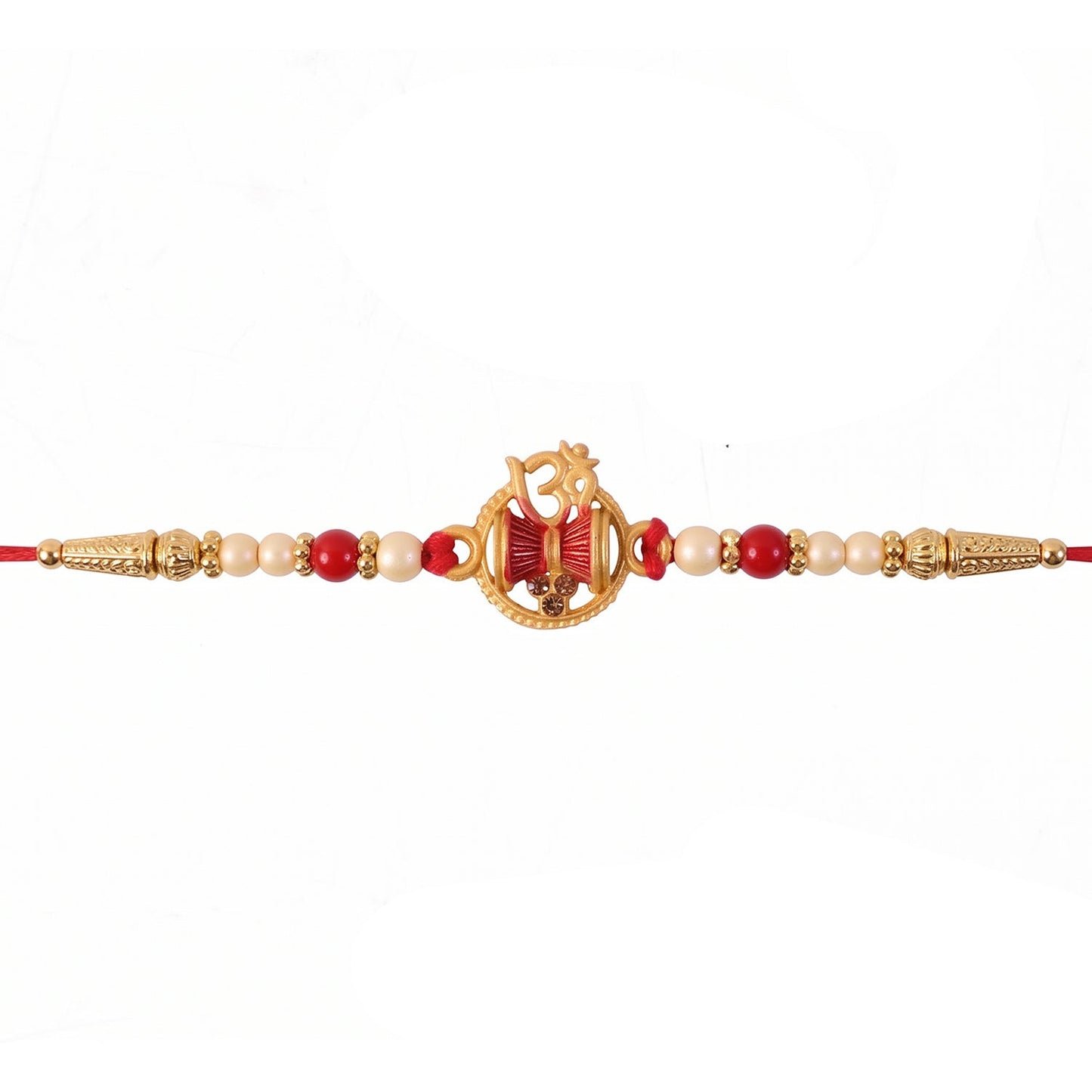 Top view showcasing the detailed golden Damru Om Rakhi with vibrant beads.