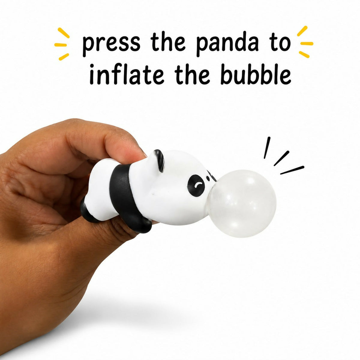A hand holds a white and black panda toy with a large clear bubble, with text "press the panda to inflate the bubble" above