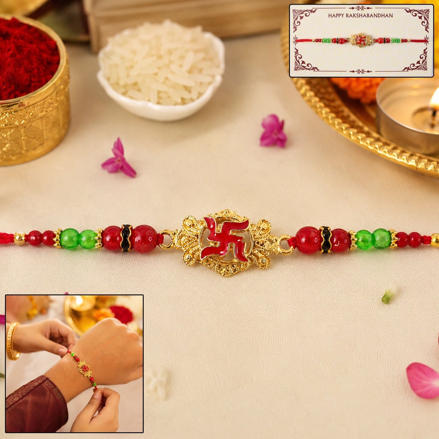 Swastik Symbol designer Rakhi with decorative beads