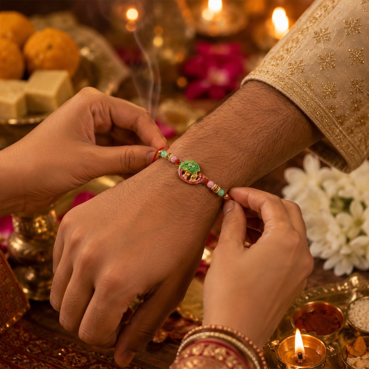 Close-up of Mini Krishna Peacock Leaf design on Rakhi showing craftsmanship