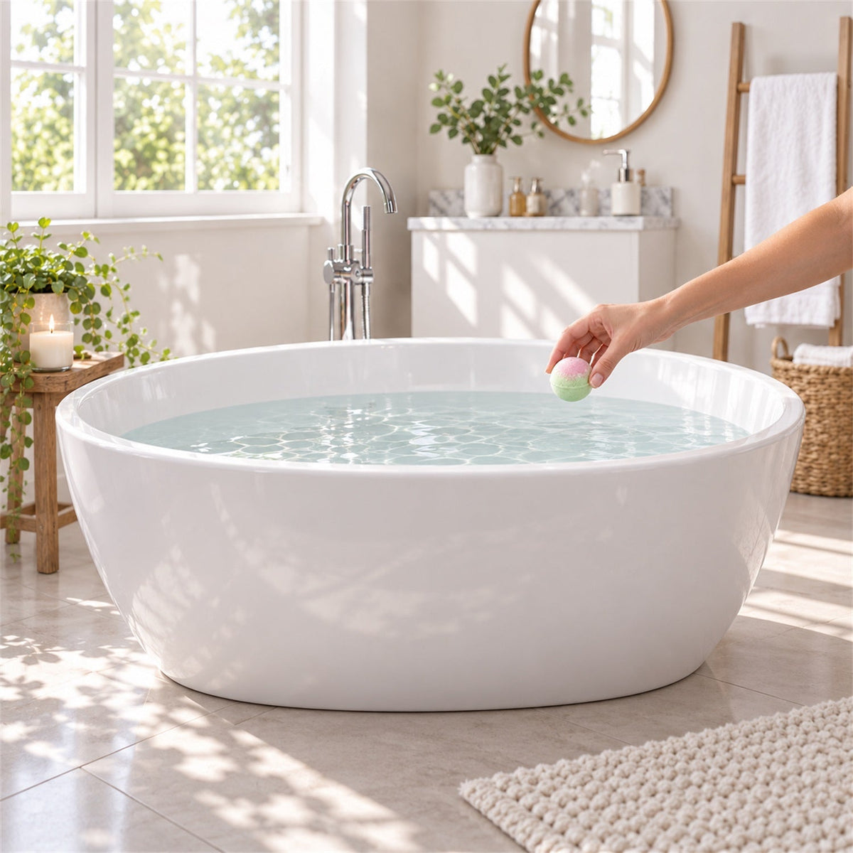 A hand places a pink and green bath bomb into a white oval bathtub filled with clear water in a bright bathroom.