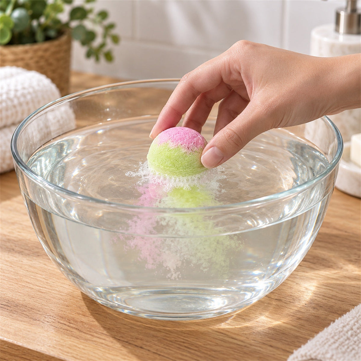 A hand drops a pink and green bath bomb into a clear glass bowl of water, creating a gentle fizz.