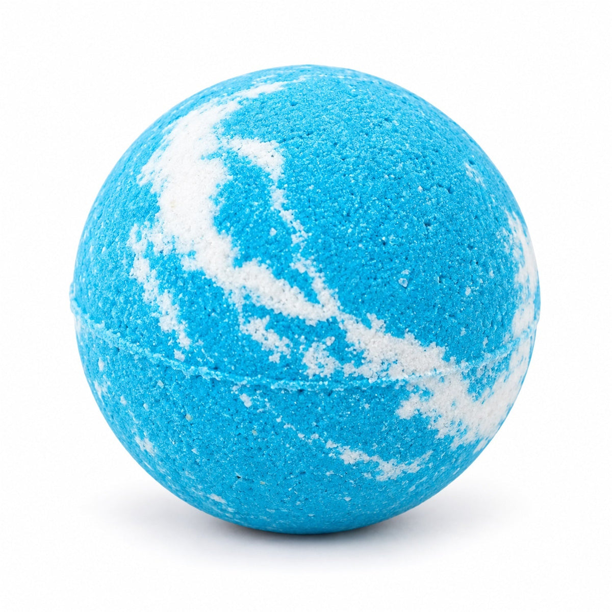 A single round blue bath bomb with white marbling sits on a clean white background.