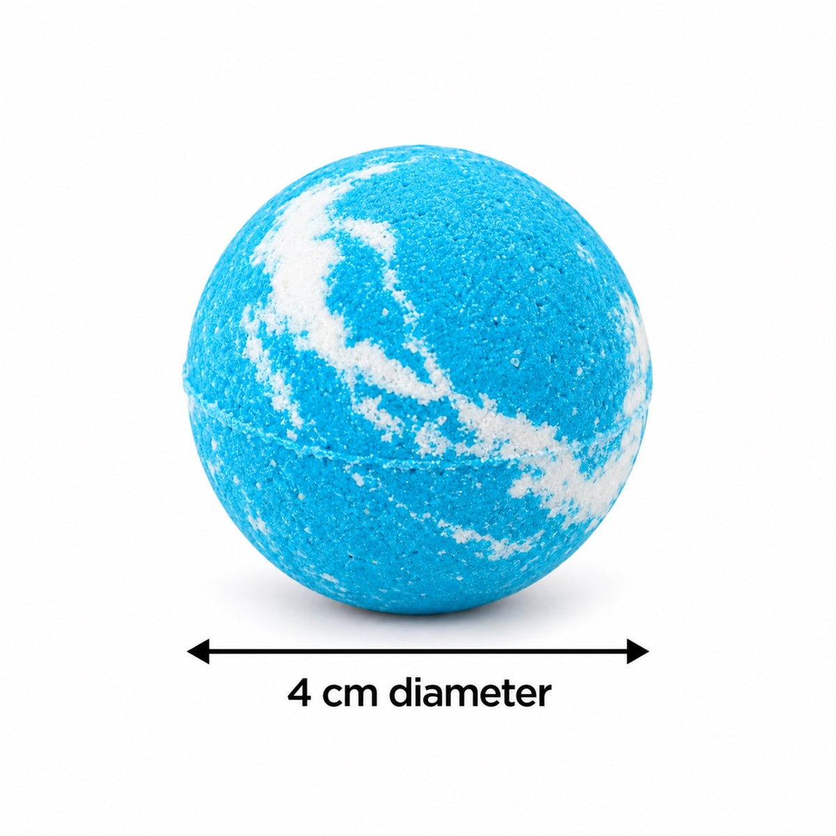 A blue and white marbled bath bomb on a white surface, with a black arrow indicating a 4 cm diameter.