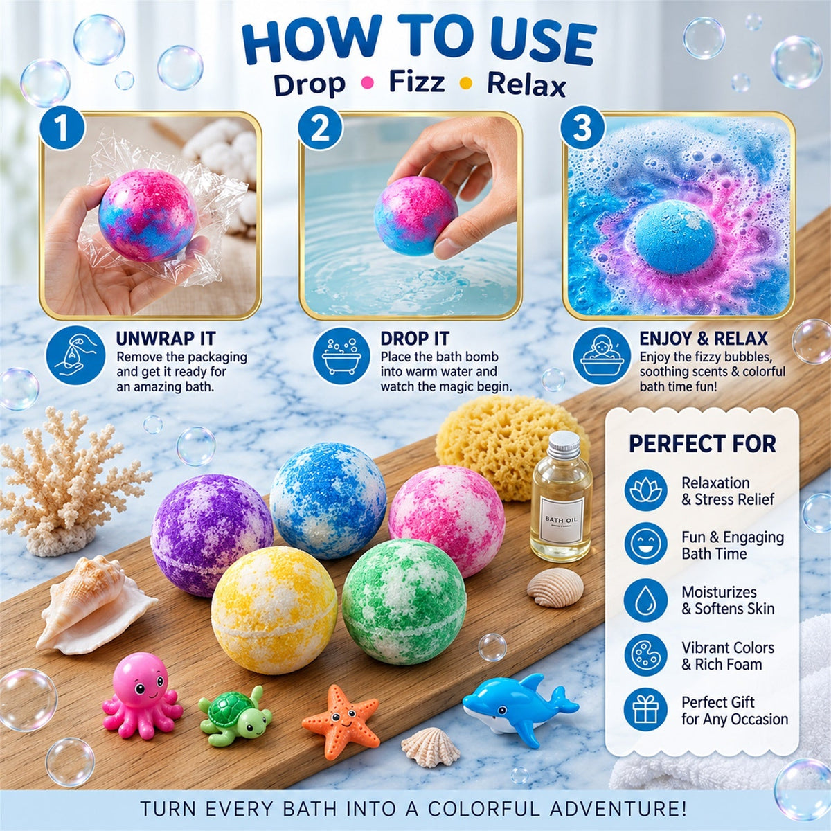 Assorted bath bomb gift set with toys in transparent packaging