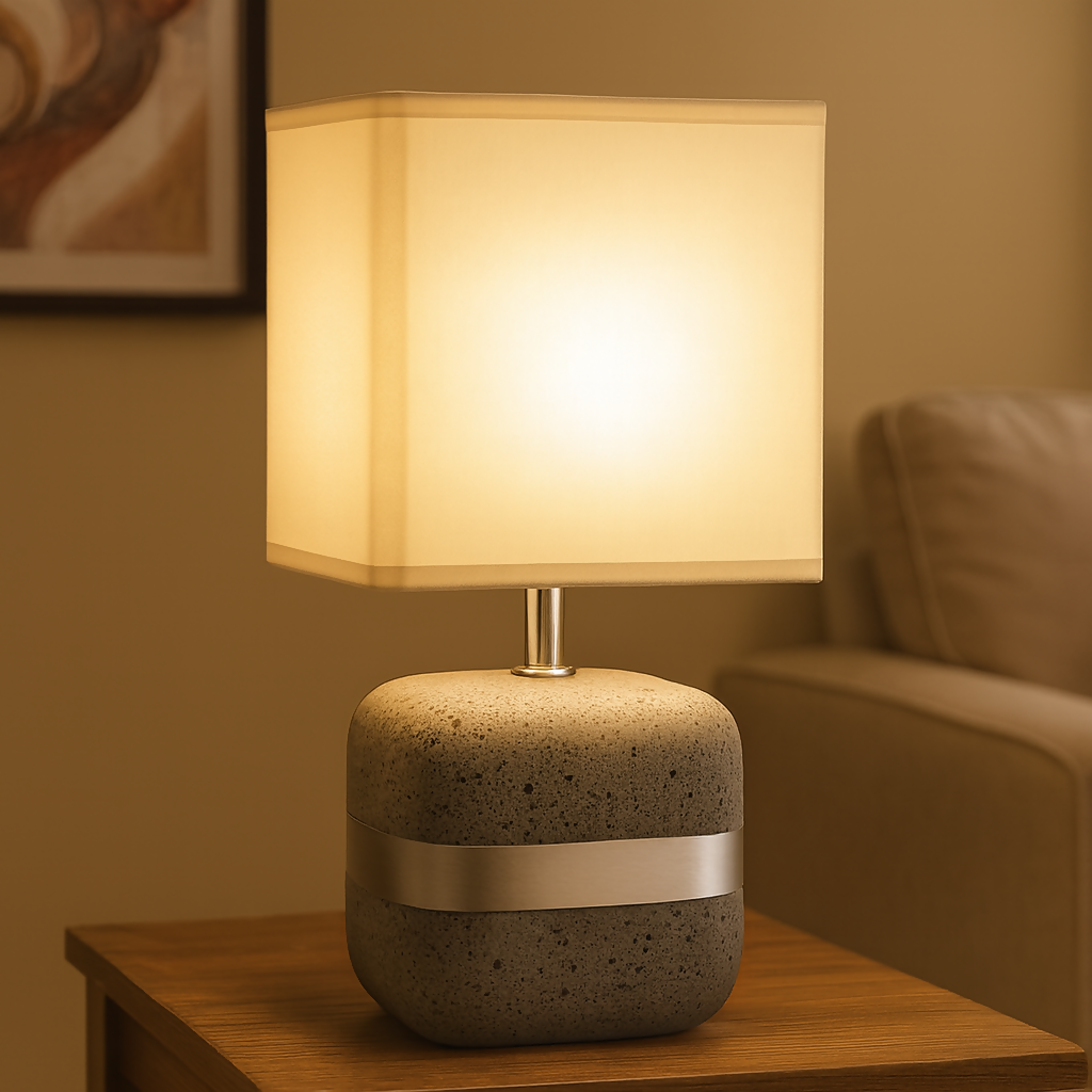Modern Concrete Textured Table Lamp with Grey Square Fabric Shade & Silver Accent Band | Luxury Minimalist Bedside, Living Room & Study Night Lamp | Soft Ambient Lighting Home DÃ©cor Piece