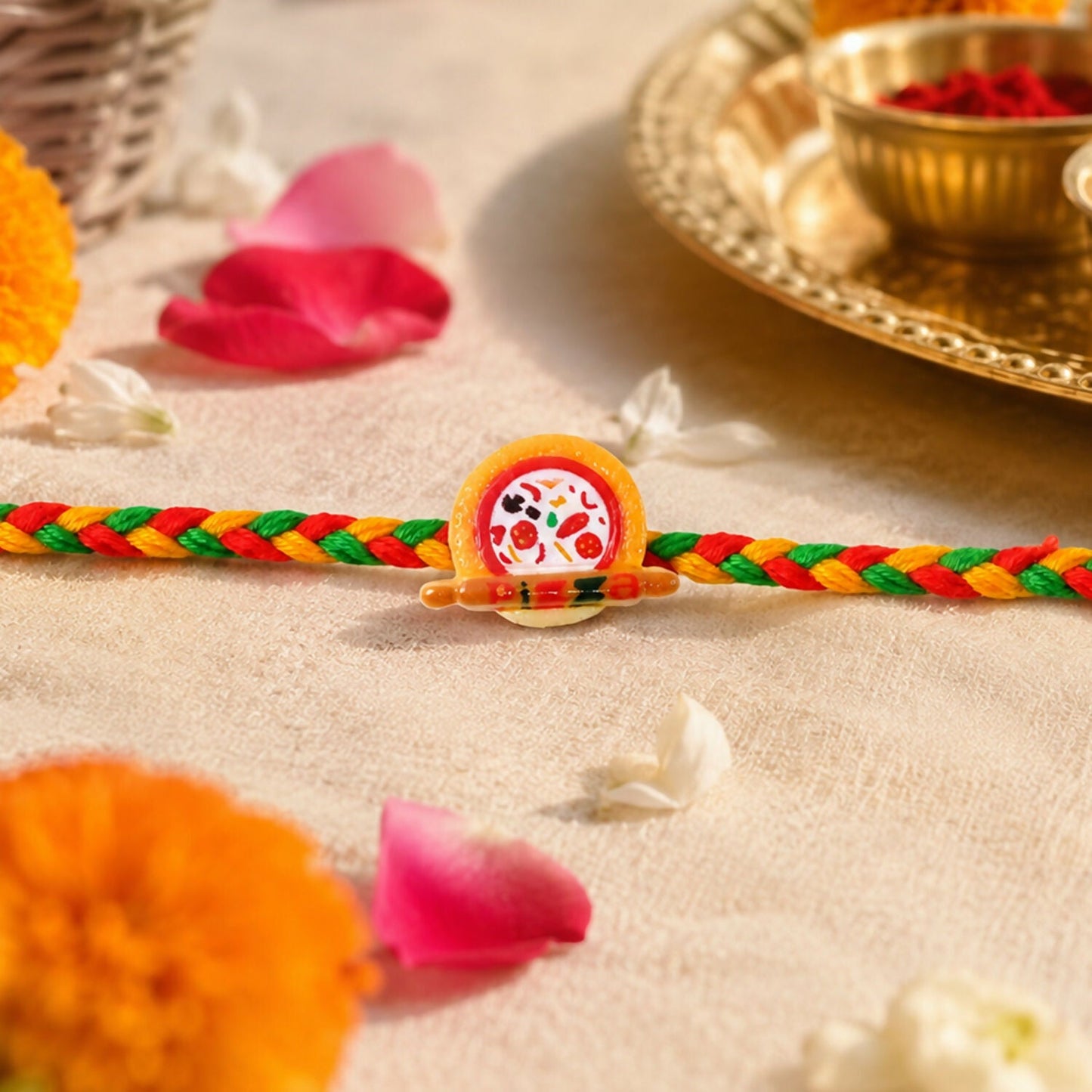 Full view of kids rakhi with colorful design and pizza charm
