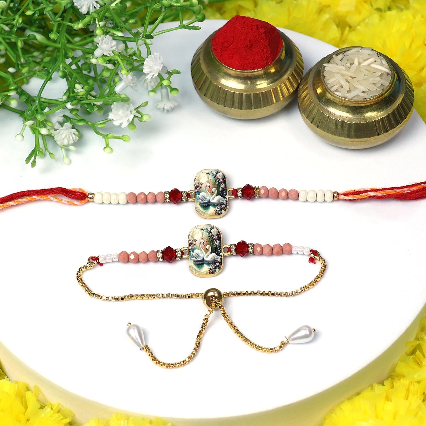 Mixed design surprise rakhi included with lumba rakhi for bhabhi gift set