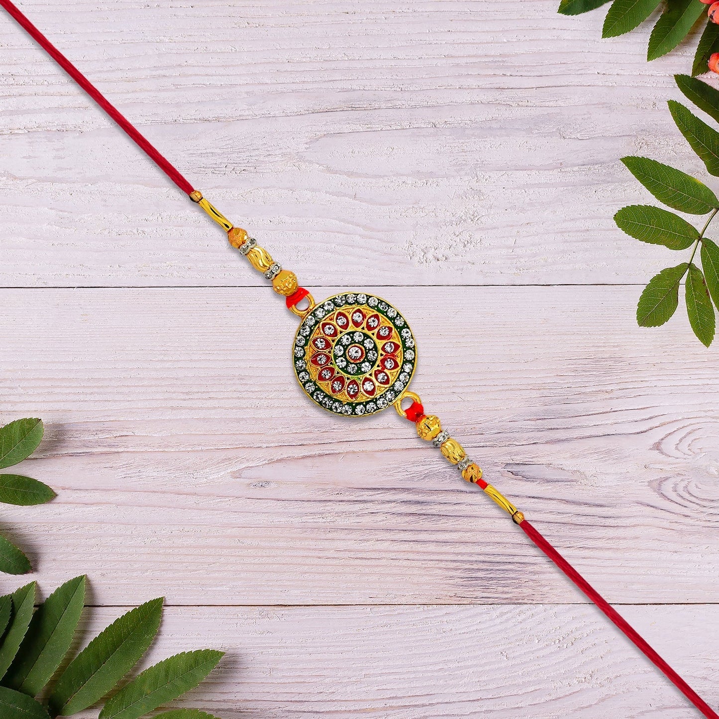 Royal Designer Rakhi decorated with golden beads and colorful enamel design