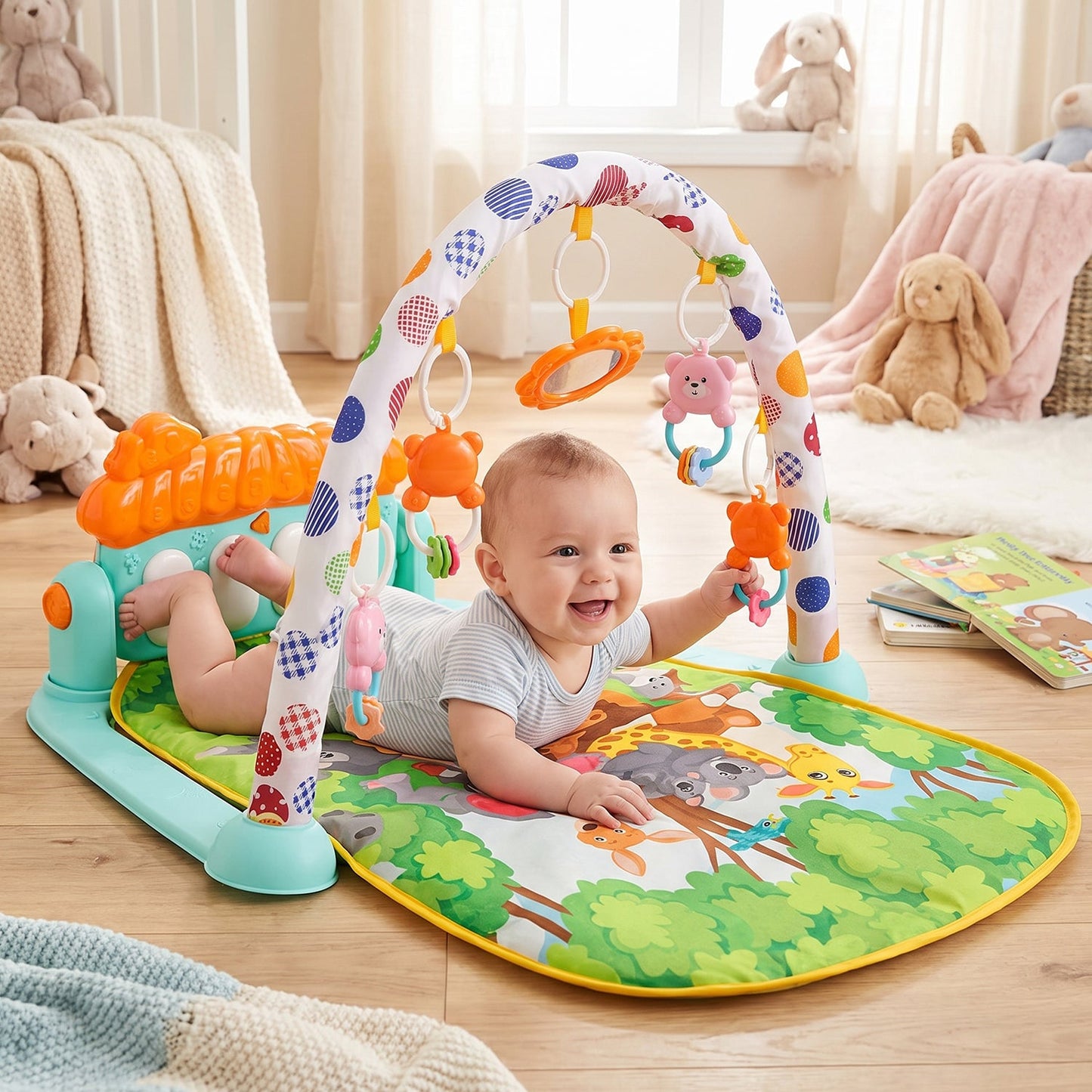 Baby lying on the activity mat reaching for hanging toys