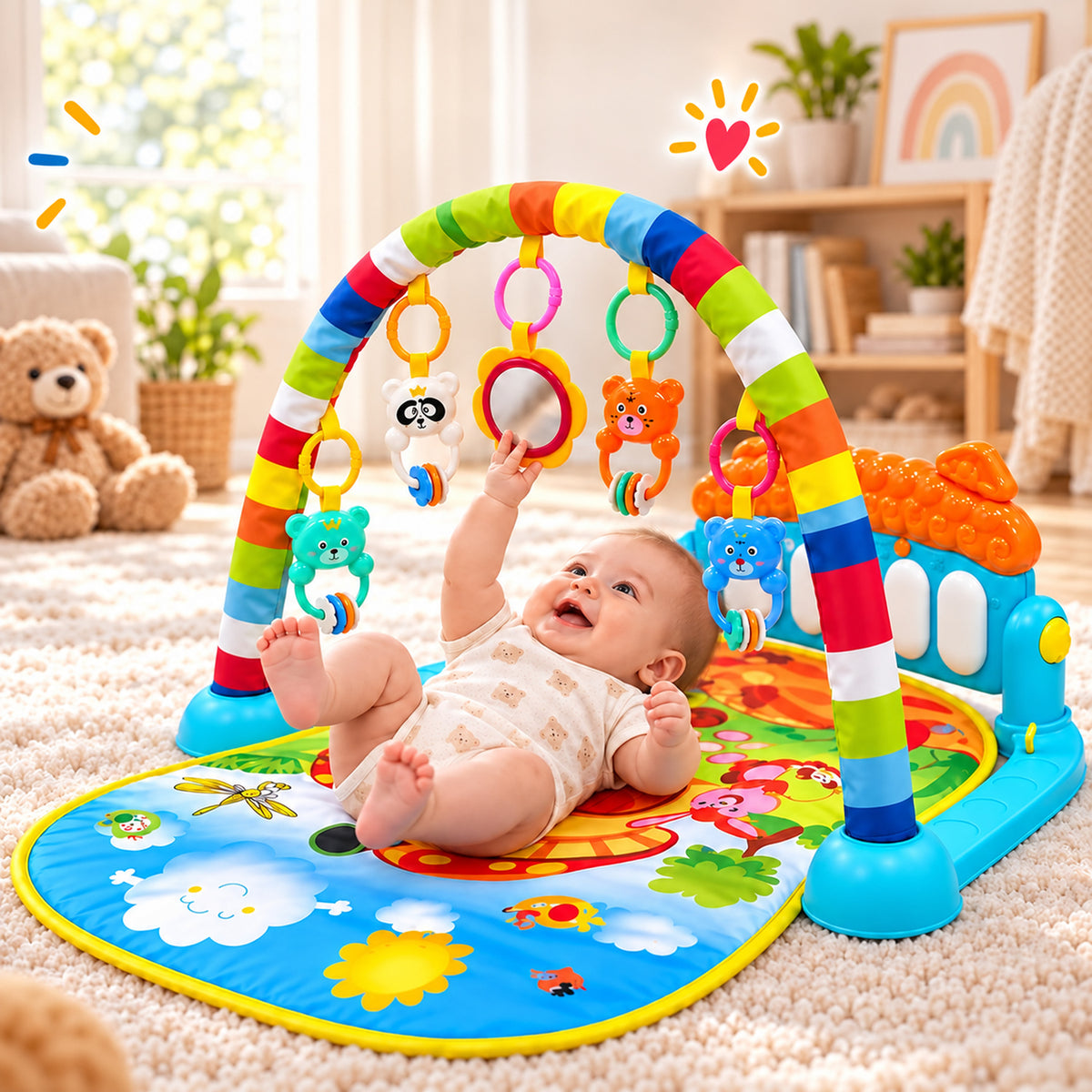 Baby Piano Gym Activity Play Mat with Hanging Toys and Music Keys (1 Set)