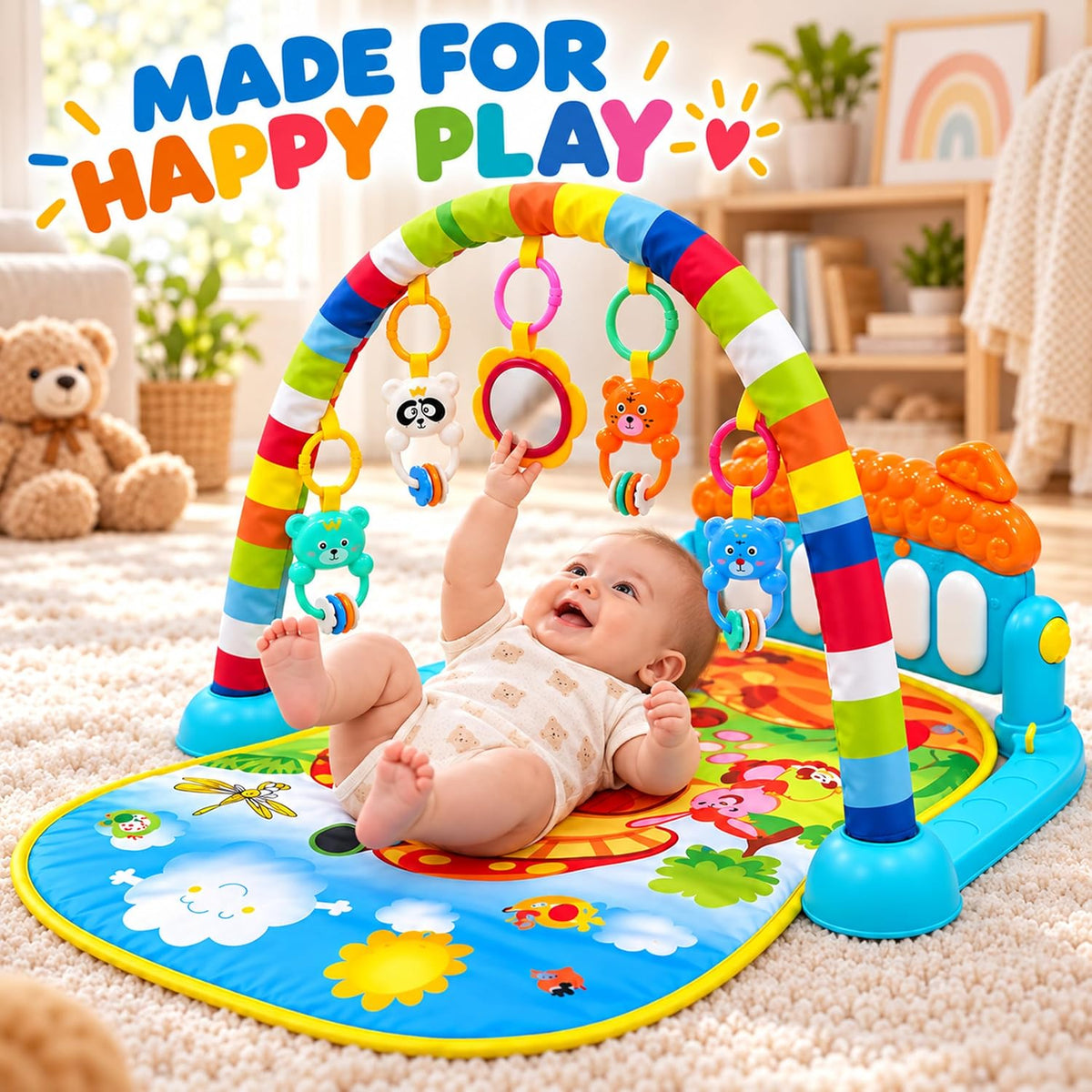 Baby Piano Gym Activity Play Mat with Hanging Toys and Music Keys (1 Set)