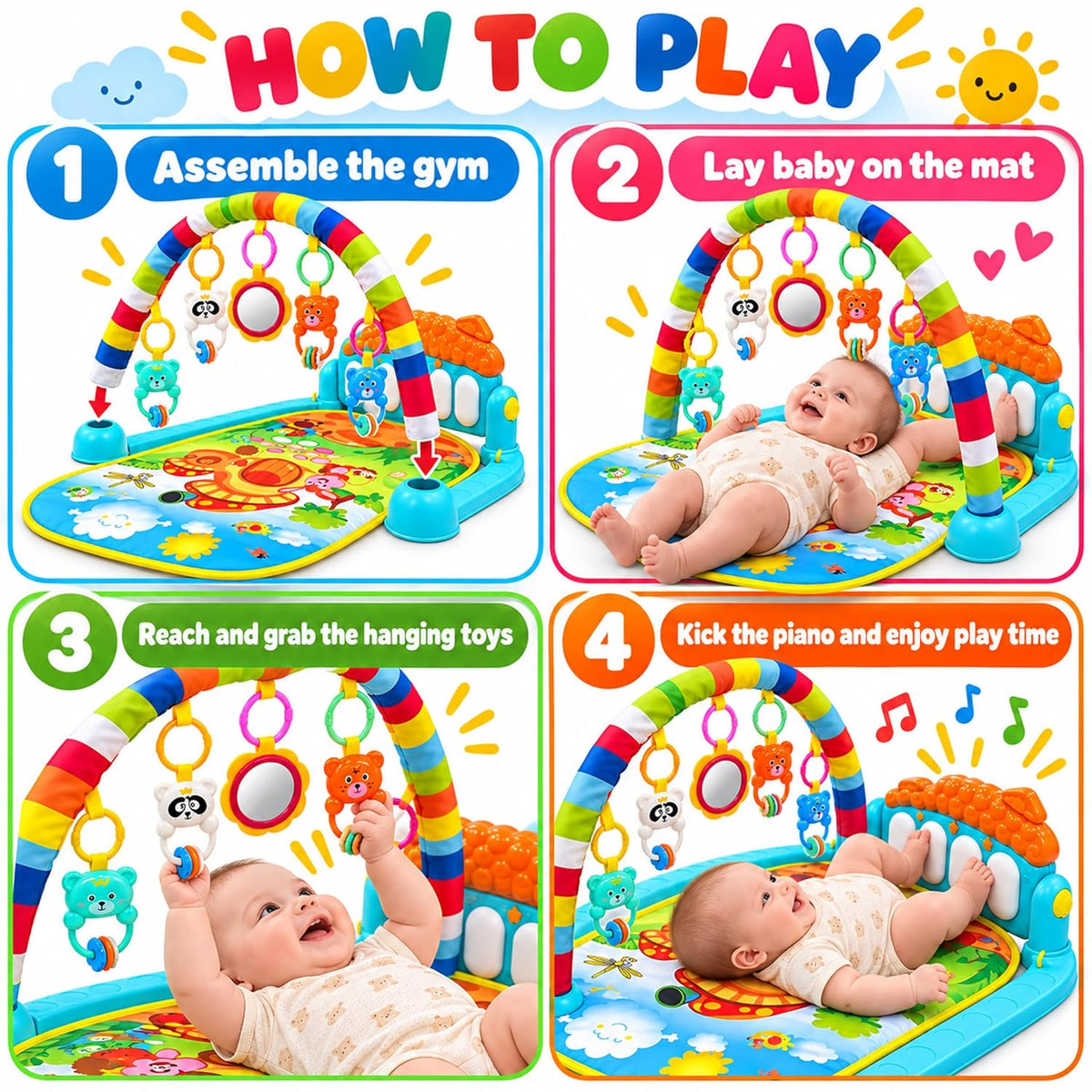 Baby Piano Gym Activity Play Mat with Hanging Toys and Music Keys (1 Set)