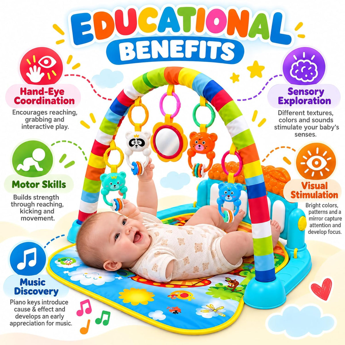 Baby Piano Gym Activity Play Mat with Hanging Toys and Music Keys (1 Set)