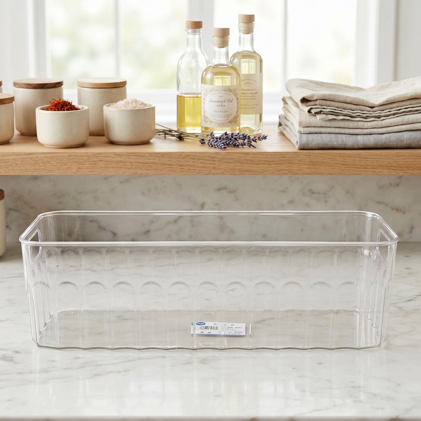 Cleanable transparent basket ideal for sorting grocery items.