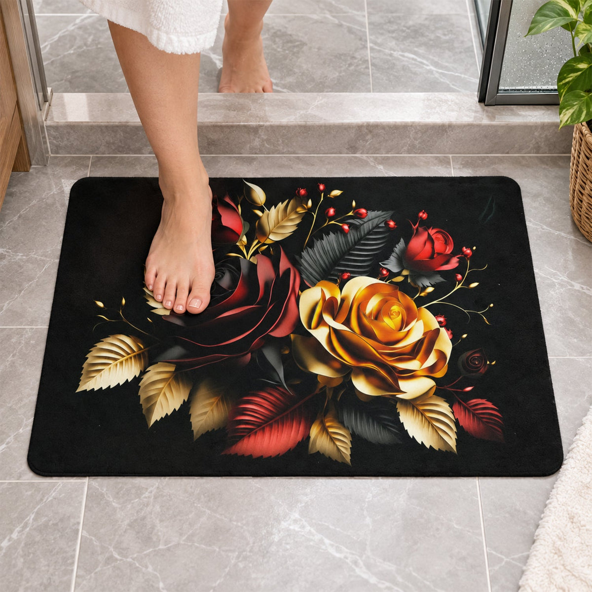 Floral rose print bathroom floor mat indoor