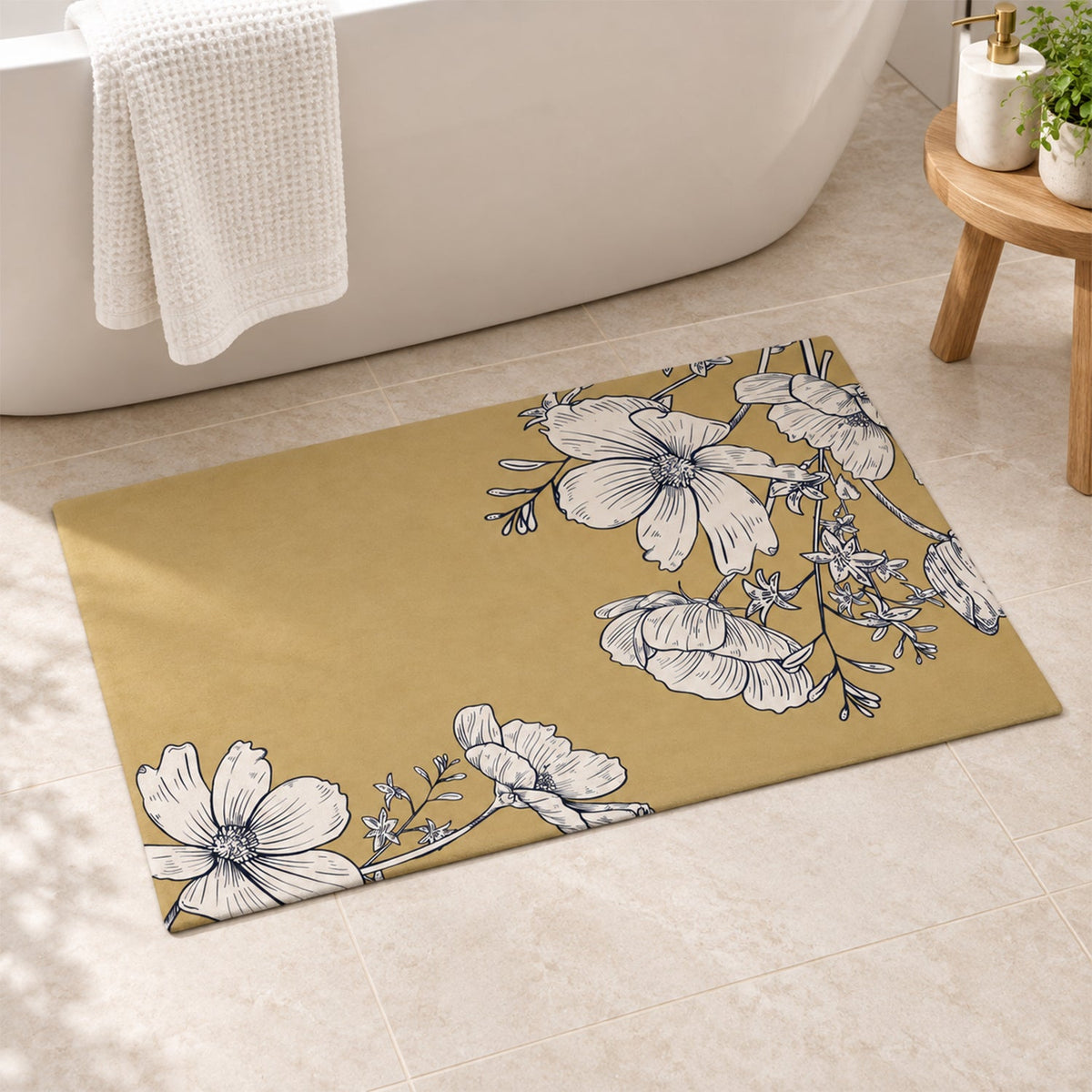A mustard yellow bath mat with white floral designs sits beside a white bathtub and a wooden stool.
