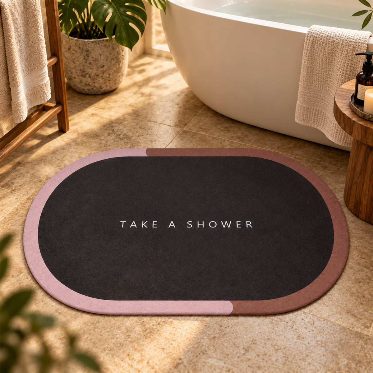A dark oval bath mat with a pink and brown border sits on a tiled floor in a bright bathroom with a white tub.