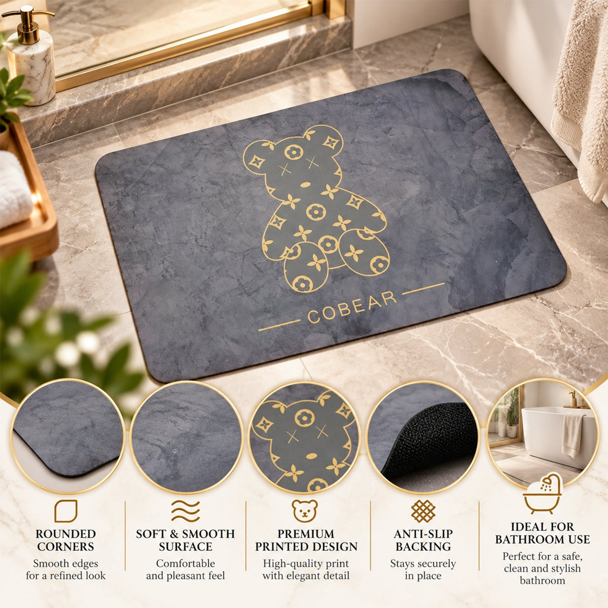 An overhead perspective of the grey bath mat in a bathroom, with feature callouts for its design and material.