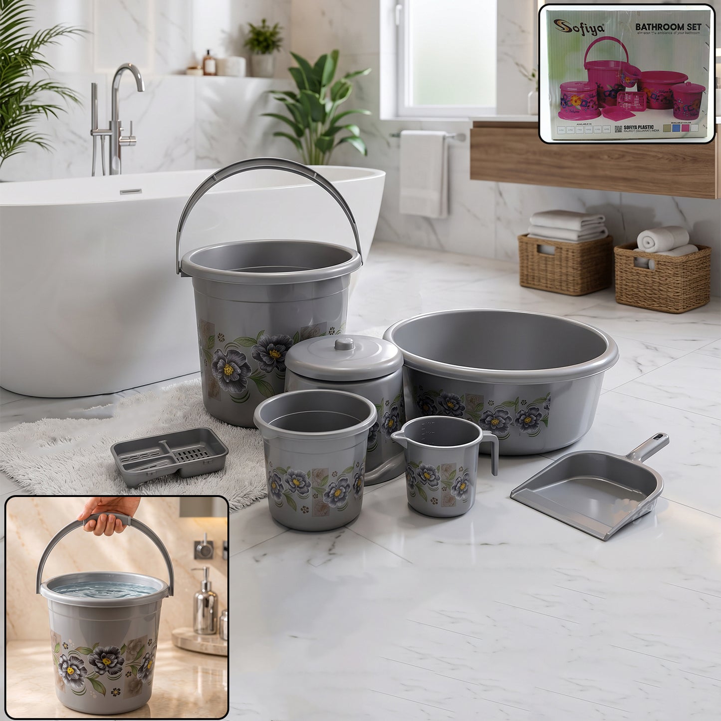 Large Capacity Plastic Bathroom Set of 7Pieces (1pc Big Tub, 1pc bucket,1pc , 1pc Mug, 1pc Soap Case, 1pc , 1pc Stool)