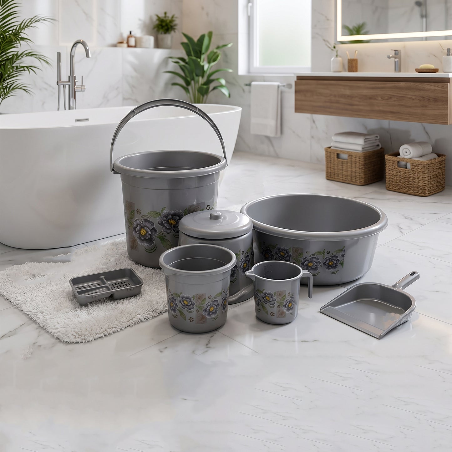 Large Capacity Plastic Bathroom Set of 7Pieces (1pc Big Tub, 1pc bucket,1pc , 1pc Mug, 1pc Soap Case, 1pc , 1pc Stool)