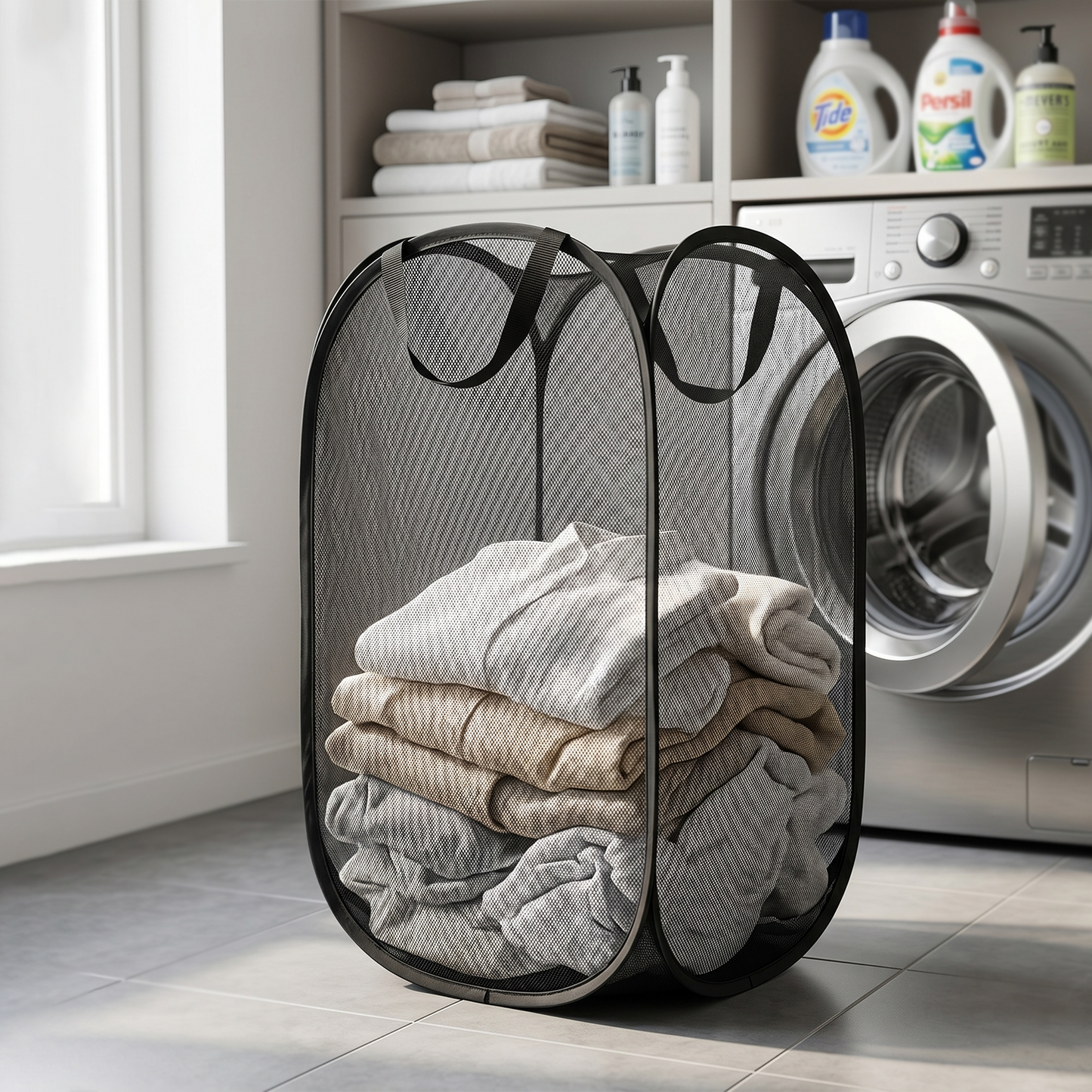 Large Foldable Mesh Laundry Basket Durable Clothes Hamper (1 Pc, 36x36x60cm)