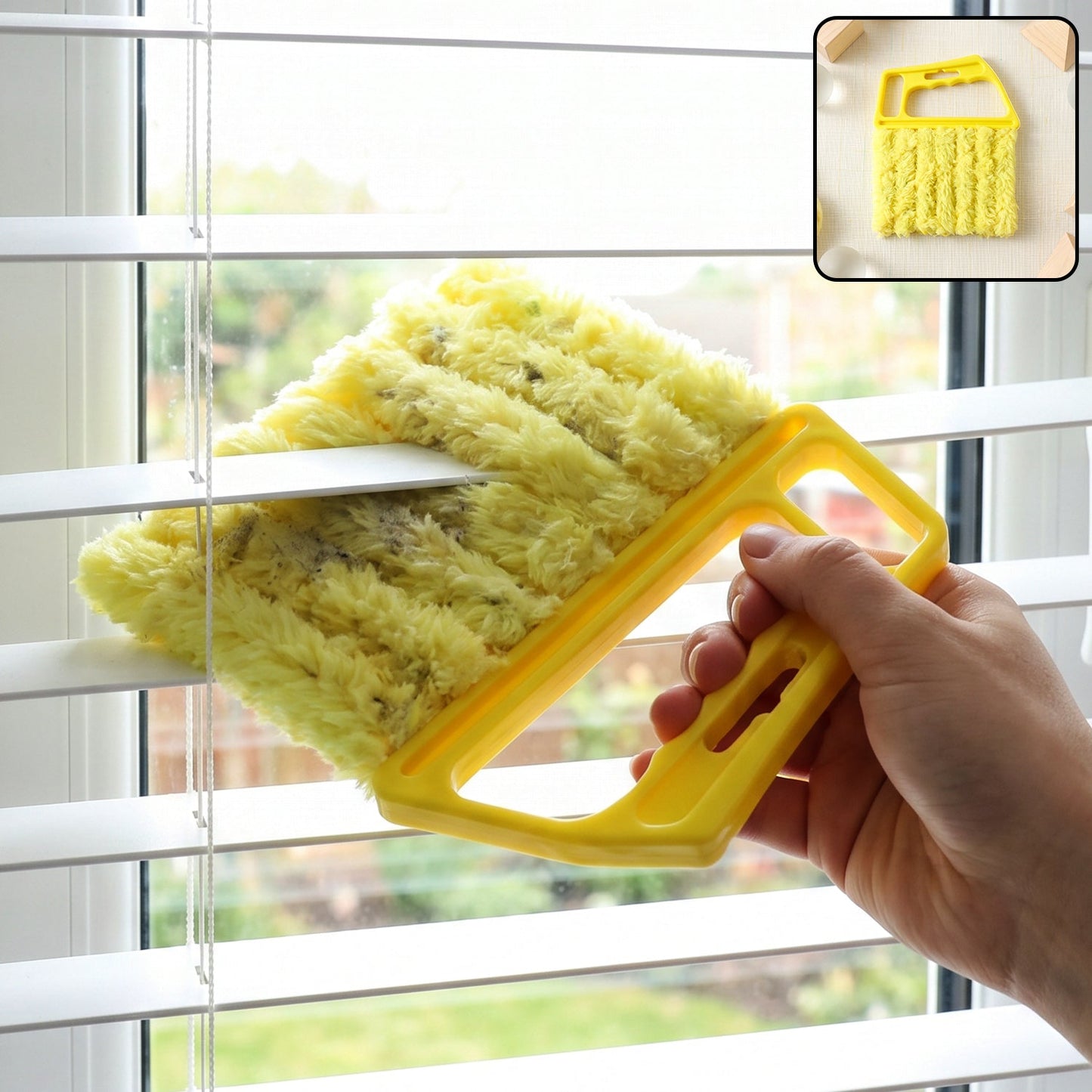 A hand holds a yellow microfiber blind cleaner, dusting white horizontal blinds, with a small inset showing the cleaner.